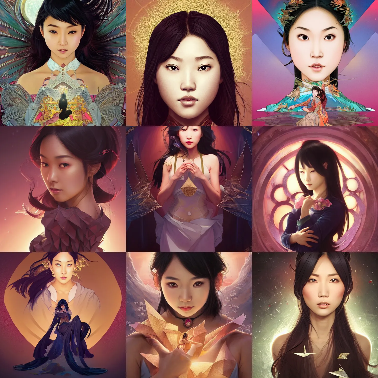 Prompt: epic asian girl, surrounded by magic origami, highly detailed, artstation, smooth, sharp focus, bright, illustration, art by Artgerm and Greg Rutkowski and Alphonse Mucha and Yuumei, good clear quality, lighting, biology, symmetrical artwork, perfect face, 135 mm, cinematic, hyper realism, glittering ice, dark, moonlight, high detail, octane render, 8k, crimson highlights