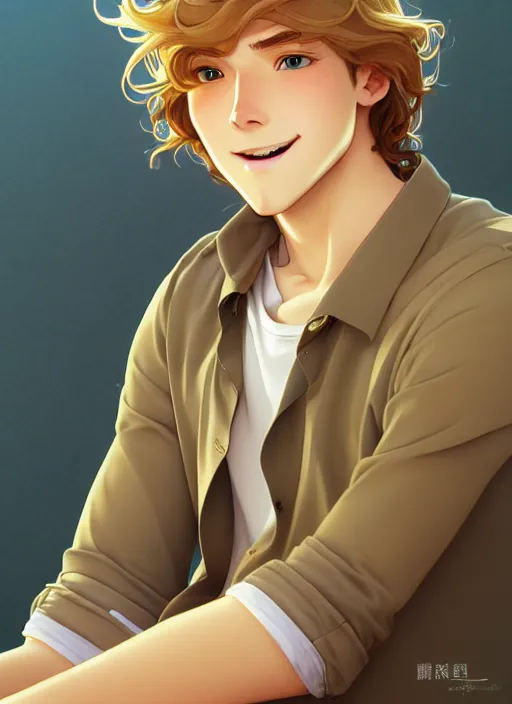 Image similar to young man with medium - length, curly, golden hair, perfectly proportioned face, aquamarine eyes, sweet smile, natural lighting, path traced, highly detailed, high quality, cartoon, digital painting, by new haicheng and studio ghibli and alphonse mucha