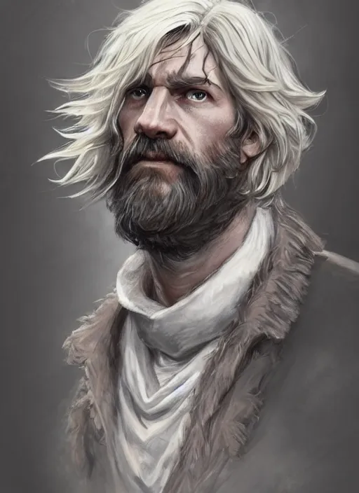 Image similar to 35 year old paladin missing an eye, Glowing white eye, shaggy hair, sad, scruffy beard, dungeons and dragons portrait, highly detailed, realistic body, digital painting, artstation, concept art, sharp focus, illustration, art by artgerm and greg rutkowski and alphonse mucha, Unreal Engine, 8k, HD