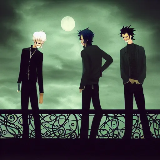 Image similar to two young men, one man human, one man vampire, night, on a bridge,, detailed, intricate, aesthetic, artistic, 8 k resolution in the style of one piece