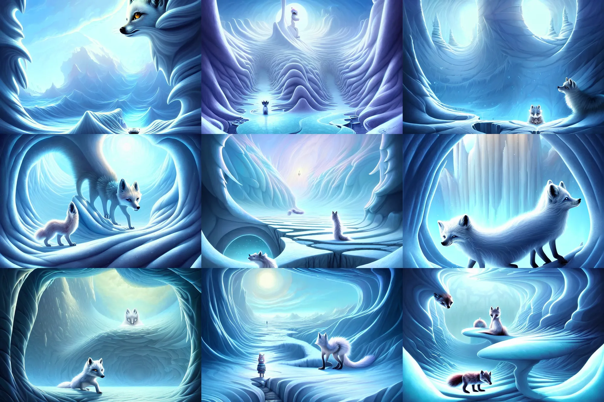 Prompt: beguiling epic stunning beautiful insanely detailed matte painting of an impossible path winding through arctic dream worlds, vast surreal ice interior architecture, by cyril rolando and asher durand and natalie shau, masterpiece, imaginative, whimsical, a small arctic fox spirit