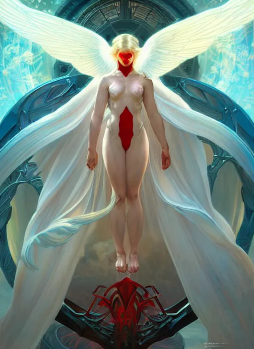 Image similar to the pale blond angel of battle apollo smirking, sci fi, glowing eyes, volumetric lights, red and cyan theme, art nouveau botanicals, intricate, highly detailed, digital painting, artstation, concept art, smooth, sharp focus, cinematic, illustration, beautiful face, art by artgerm and greg rutkowski and alphonse mucha