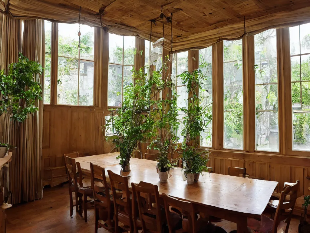 Prompt: interior shot of an old large dining room with wooden panels, large windows, lots of plants, satin curtains