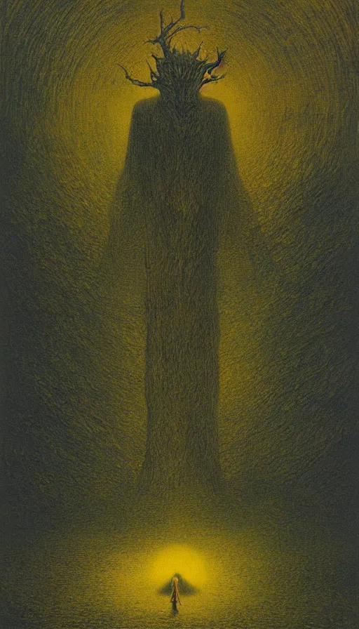 Image similar to forbidden knowledge, madness, the eldritch king in yellow by beksinski, tarot card, strange frames, ghibli