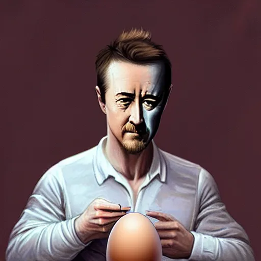 Prompt: an egg with the features of edward norton's face, just the face, beautiful eggshell texture, highly detailed, dramatic lighting, concept art by caravaggio and greg rutkowski and artgerm