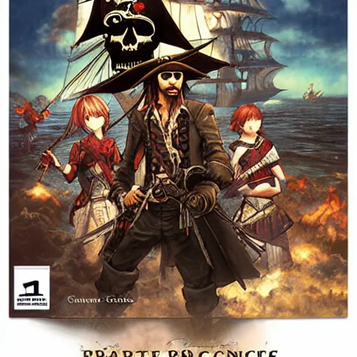 Prompt: Pirate chronicles, game poster printed on playstation 2 video game box , Artwork by Akihiko Yoshida, cinematic composition