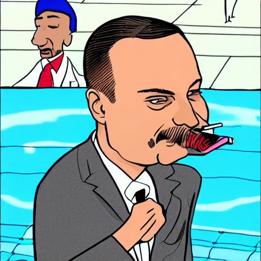 Prompt: Andrzej Duda smoking a joint with Snoop Dogg in the swimming pool,Cartoon style