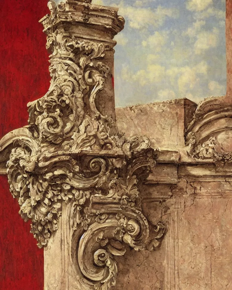 Image similar to achingly beautiful painting of intricate ancient roman corinthian capital on ruby background by rene magritte, monet, and turner. giovanni battista piranesi.