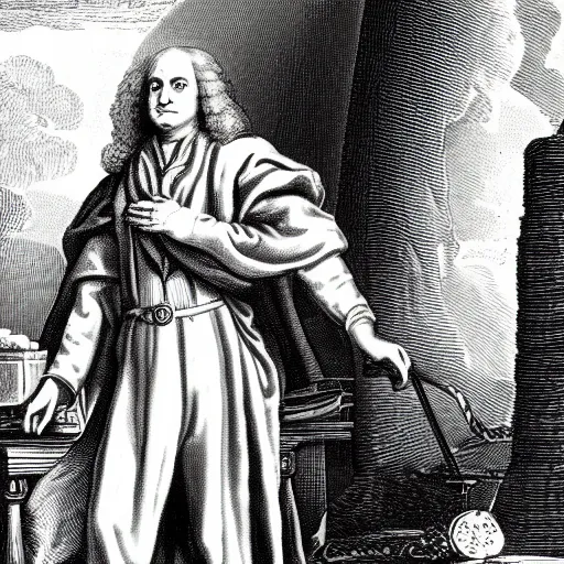 Image similar to an engraving of sir isaac newton as a jedi knight