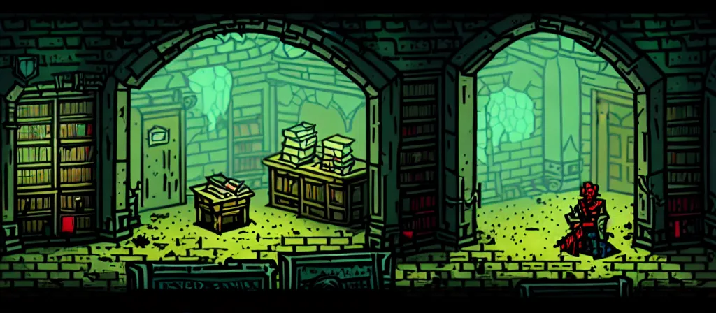 Prompt: A room with a darkened doorway in the endless grimdarkest dungeon depths. trending on artstation, vibrant palette, highly detailed digital illustration. Musty dank library in an overgrown room