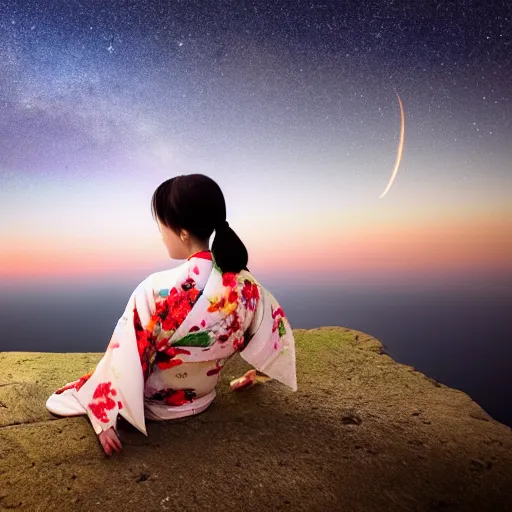 Prompt: A photograph off girl wearing a kimono sitting on a cliff looking towards a burning meteor flying overhead at a starry clear night,medium sensor,35mm lens,Gaussian blur, —h 1080 —w 1920 —N 4