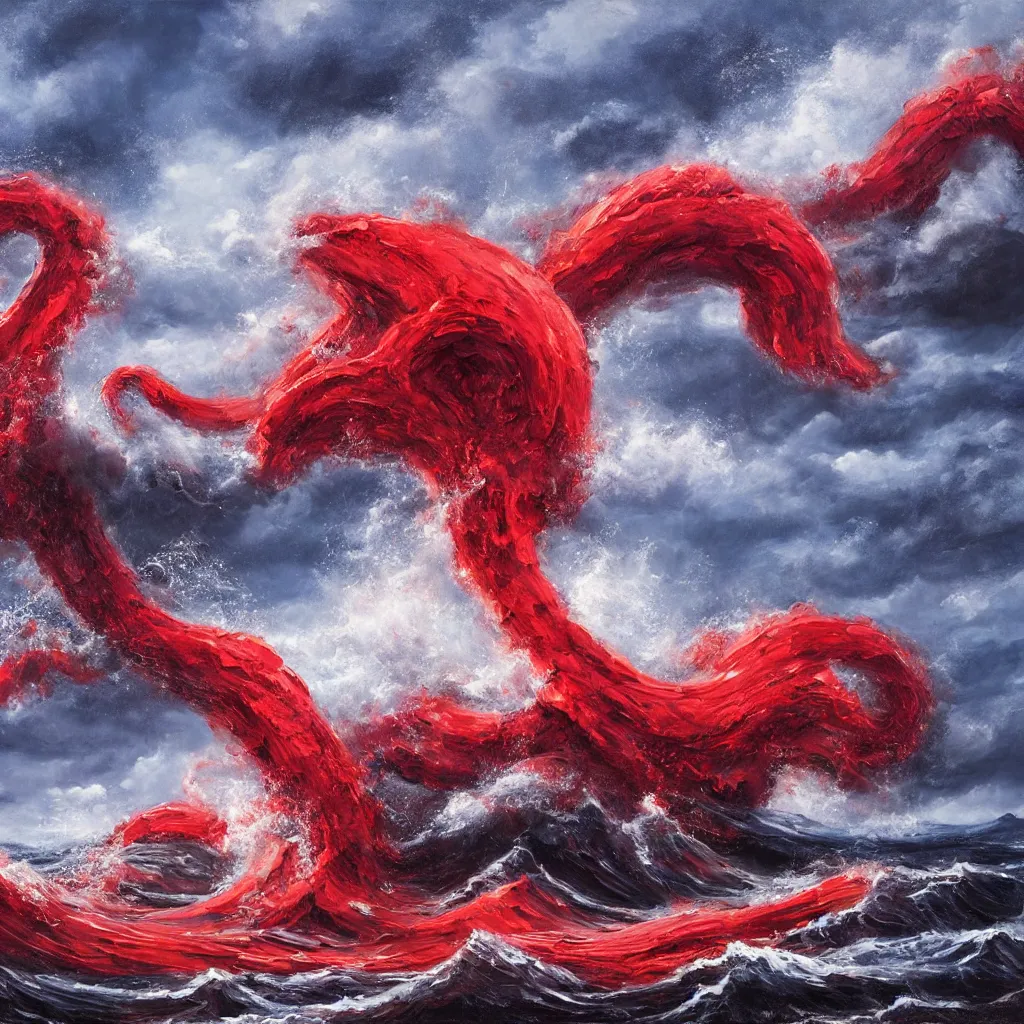 Image similar to a fantasy landscape. subject : giant red kraken, stormy sea, giant waves, lightning in the background, small boat, oil painting, 4 k