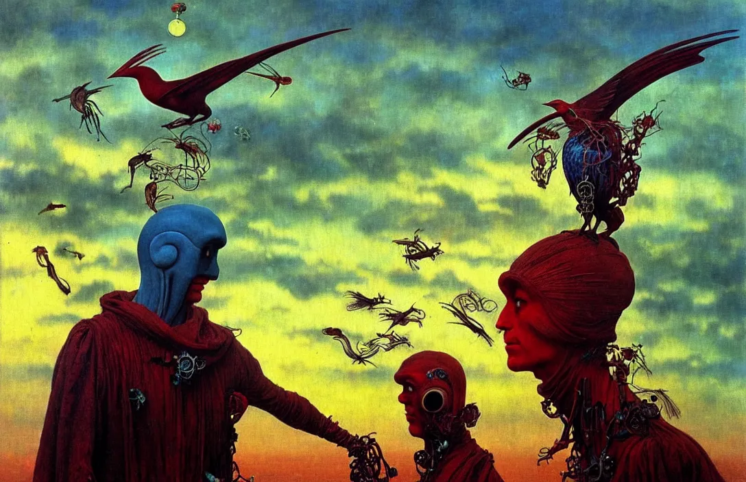 Prompt: realistic detailed portrait movie shot of a birdman wearing dark ragged robes, sci fi city sunset landscape background by denis villeneuve, amano, yves tanguy, alphonse mucha, ernst haeckel, max ernst, roger dean, masterpiece, rich moody colours, bird head, blue eyes