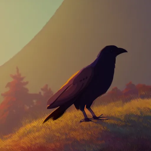 Prompt: a wholesome animation key shot of a crow on a hill, portrait shot, studio ghibli, pixar and disney animation, sharp, rendered in unreal engine 5, anime key art by greg rutkowski, bloom, dramatic lighting