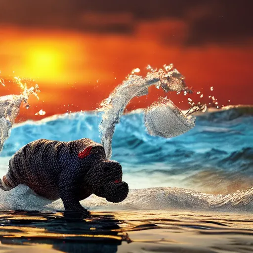 Image similar to a closeup photorealistic photograph of a cute smiling knitted tiger hippopotamus chasing after beachballs during sunset. surf in background. professional capture. this 4 k hd image is trending on artstation, featured on behance, well - rendered, extra crisp, features intricate detail, epic composition and the style of unreal engine.