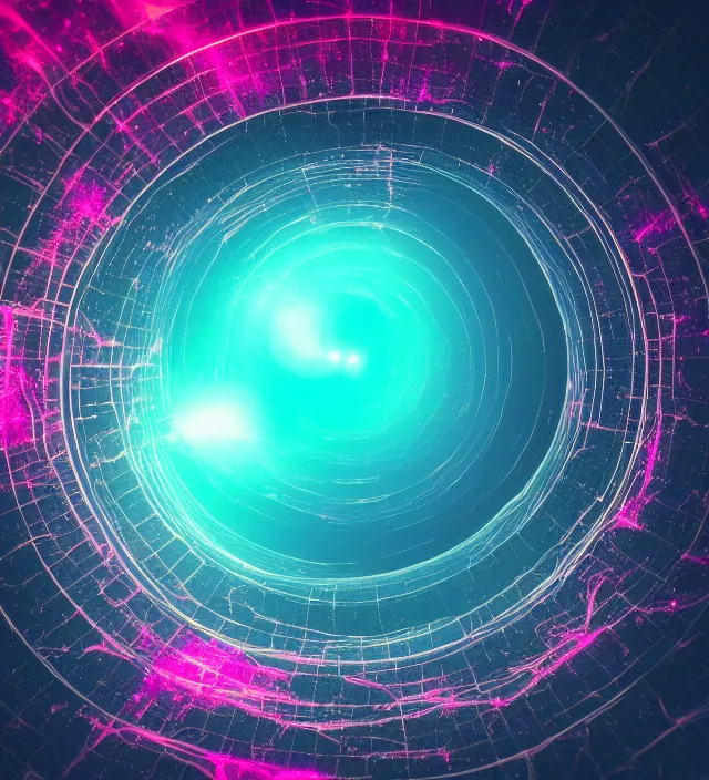 Image similar to an iridescent wormhole wireframe absorbing a galaxy, dark synthwave, aesthetic mood, vintage, sci - fi, 4 k