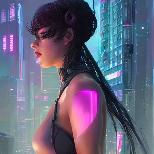 Image similar to portrait futuristic Cyber warrior Girl, in future cyberpunk tokyo rooftop , ssci-fi, fantasy, intricate, very very beautiful, elegant, neon light, highly detailed, digital painting, artstation, concept art, smooth, sharp focus, illustration, art by tian zi and WLOP and alphonse mucha