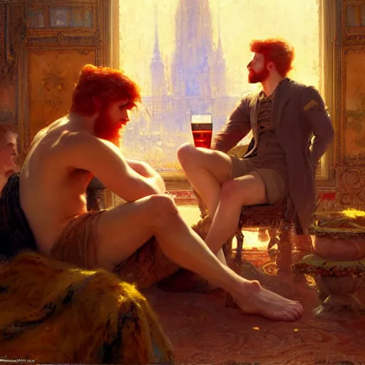 Image similar to attractive mike with ginger hair with attractive tyler with brunet hair, drinking their hearts out, in their noble mansion. highly defined painting, highly detailed painting by gaston bussiere, craig mullins 8 k