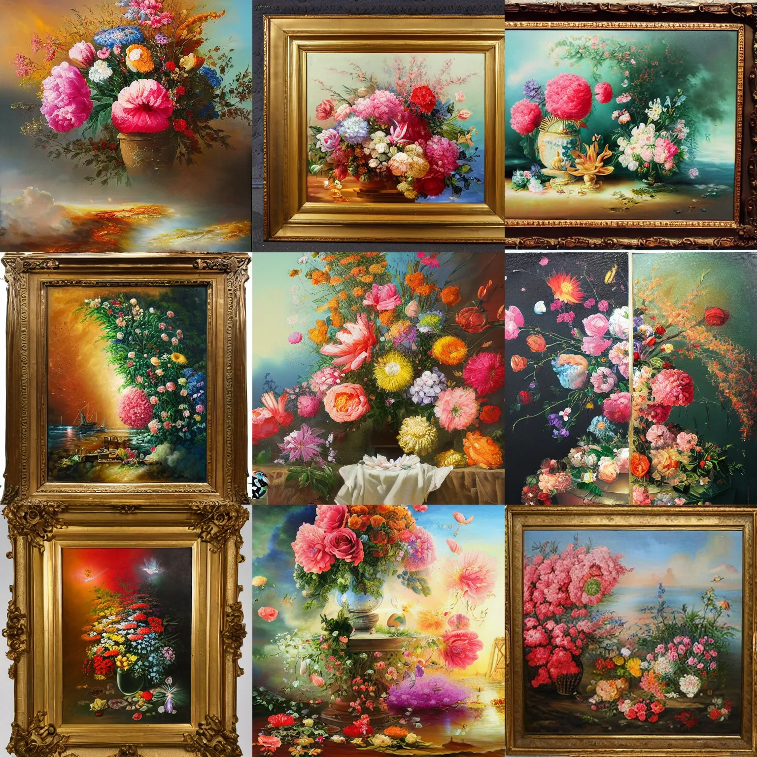 Prompt: the oil painting of floral finalistic connection dazzling two worlds explosion