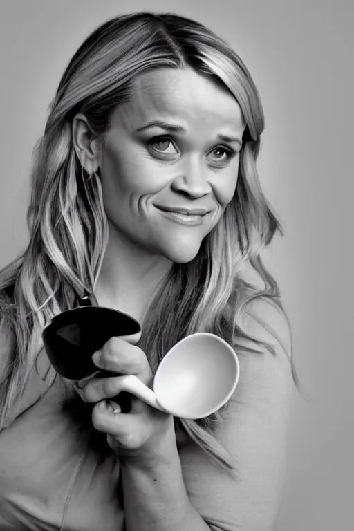 Prompt: an award winning photo of reese witherspoon holding a spoon, portrait photography, studio lighting, highly detailed, extremely realistic