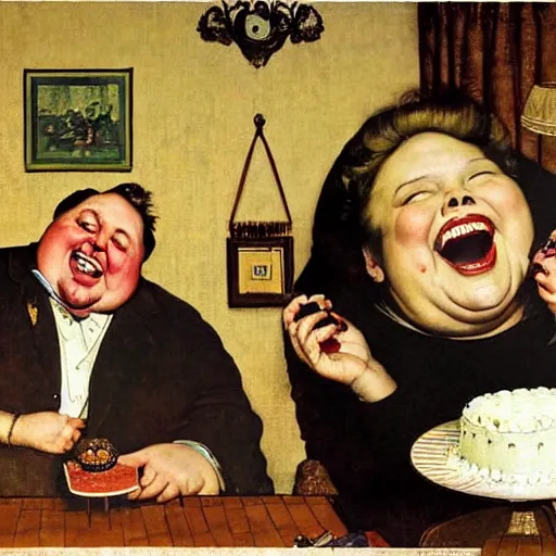 Prompt: a fat man laughs at his wife as she eats a cake in a dark living room, painted by norman rockwell and tom lovell and frank schoonover