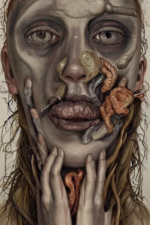 Image similar to Detailed maximalist portrait of a greek god with large lips and eyes, scared expression, botanical anatomy, skeletal with extra flesh, HD mixed media, 3D collage, highly detailed and intricate, surreal illustration in the style of Jenny Saville, dark art, baroque, centred in image