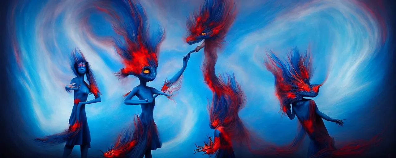 Prompt: whimsical blue fiery alchemical creatures, surreal dark uncanny painting by ronny khalil