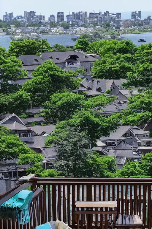 Prompt: View of cottagecore city from balcony of a high up apartment studio ghibli