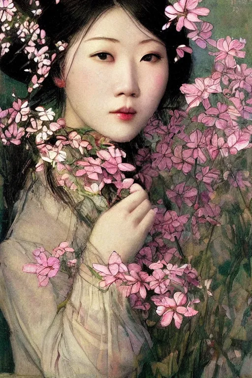 Image similar to close - up fashion asian woman portrait airy flowers clouds art by vasnetsov