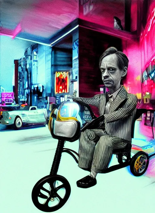 Image similar to hyperrealism steve buscemi riding a tricycle, light effect, hyper detailed, claymation, cartoon, detailed, realistic materials, sharp focus, synthwave, neon, modern