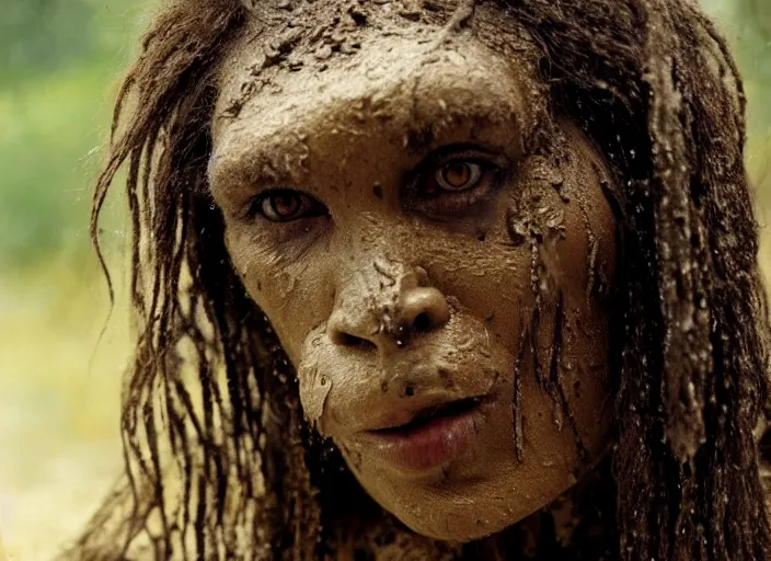 Image similar to attractive neanderthal woman covered in mud, movie still, from the movie quest for fire, 8 k, realistic