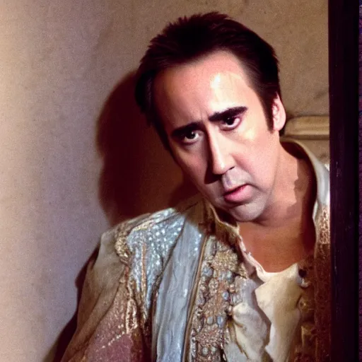 Image similar to nicholas cage as juliet in the window looking down at nicholas cage as romeo, beautiful cature of the stageplay nicholas and nicholas by shakespeare