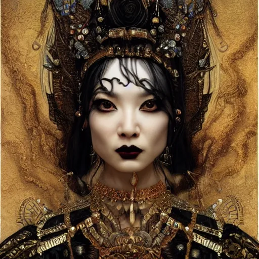 Image similar to highly detailed oil painting, very intricate, cinematic lighting, award - winning, portrait of the asian goddess of goth dressed by alexander mcqueen, by roberto ferri, by tom bagshaw, by j. c. leyendecker and klimt, american romanticism, by austin osman spare, artstation, cgsociety, official art, octane