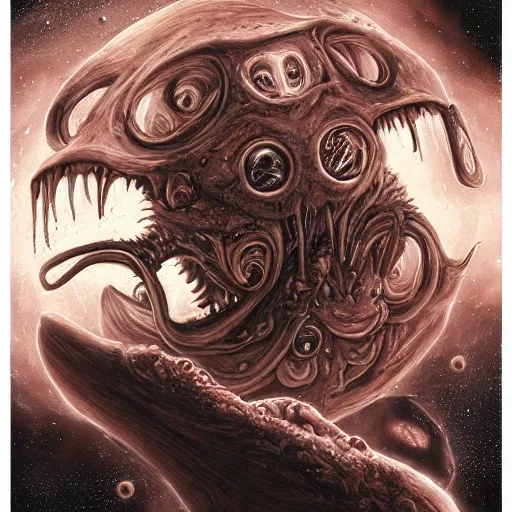 Image similar to one eldritch horror bloody garfield in space, galaxy, hd, 8 k, giant, epic, realistic photo, unreal engine, stars, prophecy, powerful, cinematic lighting, destroyed planet, debris, violent, sinister, ray tracing, dynamic, print, epic composition, dark, horrific, teeth, grotesque, scary, pencil drawing