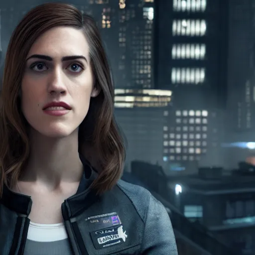 Prompt: a Super realistic version of Allison Williams in the style of Detroit: Become Human, cinematic, three quarter view, symmetrical face, full body, photo realistic, detailed , 8k, wide lens, unreal engine 5, hyper realistic, artgerm, trending on artstation