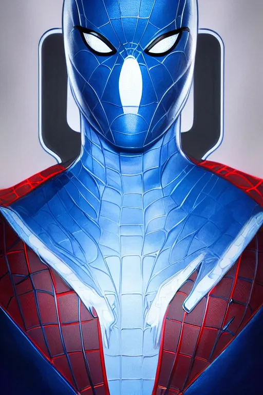 Image similar to elon musk as a blue suit spider man, realistic portrait, symmetrical, highly detailed, digital painting, artstation, concept art, smooth, sharp focus, illustration, cinematic lighting, art by artgerm and greg rutkowski and alphonse mucha