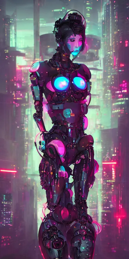 Image similar to a cyberpunk robot geisha sorceress, warcore, sharp focus, detailed, artstation, concept art, 3 d + digital art, wlop style, biopunk, neon colors, futuristic, neon noire, moody, d & d