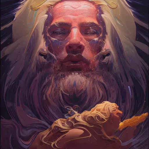 Image similar to melted zeus starring into the camera, fixed eyes, lightning, surreal, dramatic lighting, face, detailed, intricate, elegant, highly detailed, digital painting, artstation,, concept art, smooth, sharp focus, illustration, art by sam spratt, dan mumford, artem demura and alphonse mucha