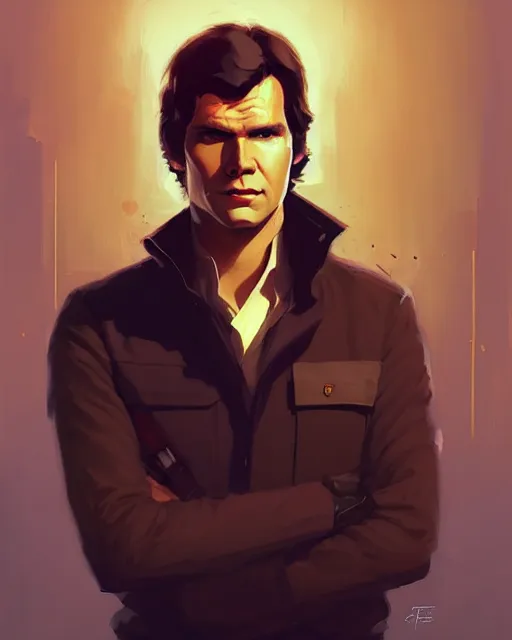 Image similar to portrait of man with dark hair and golden eyes, han solo, by atey ghailan, by greg rutkowski, by greg tocchini, by james gilleard, by joe fenton, by kaethe butcher, dynamic lighting, gradient light blue, brown, blonde cream and white color scheme, grunge aesthetic