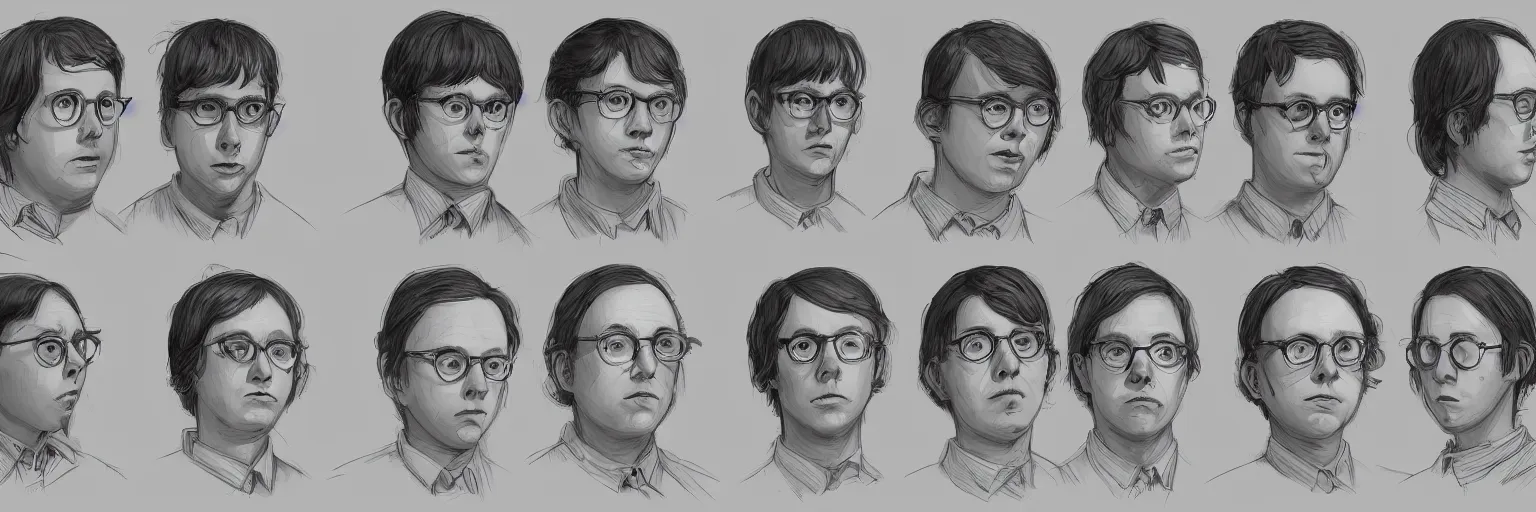 Prompt: character study of todd solondz and paul dano, 2 0 2 2, clear faces, emotional, character sheet, fine details, concept design, contrast, kim jung gi, pixar and da vinci, trending on artstation, 8 k, full body and head, turnaround, front view, back view, ultra wide angle