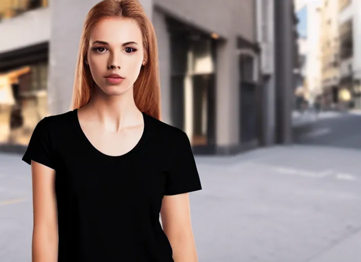 Image similar to clear photorealistic mockup product photograph of a blank black tshirt on an attractive female model in front of a lively street background