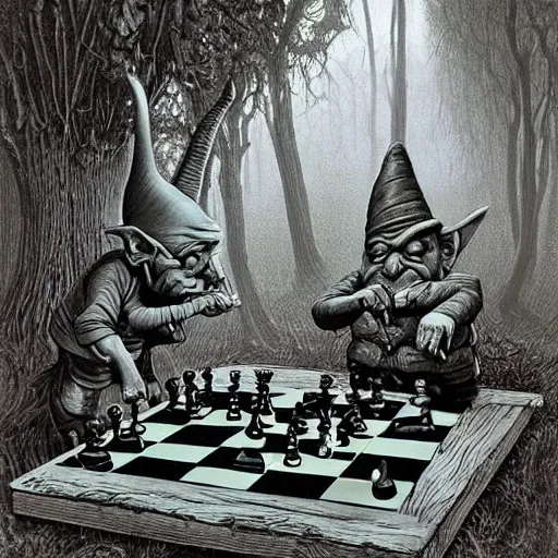 Prompt: two gnomes playing chess in a forest, fluid, smooth, organic, crazy, bright, colours, tumours, high contrast, sharpness, dramatic, very detailed, intricate, by giger and corben and moebius and beksinski and bosch and bacon