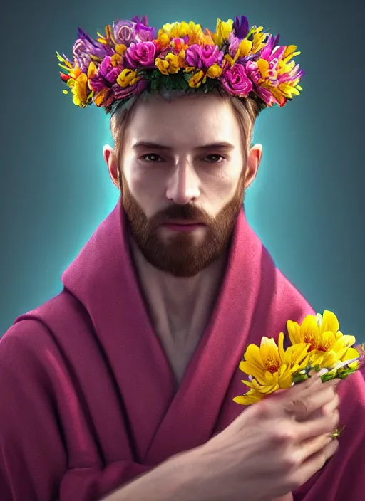 Image similar to an anthropomorphic beautiful male wizard portrait holding a flowers wearing colourful robe, fine art, award winning, intricate, elegant, sharp focus, octane render, hyperrealistic, wizard hat cinematic lighting, highly detailed, digital painting, 8 k concept art, masterpiece, trending on artstation, 8 k