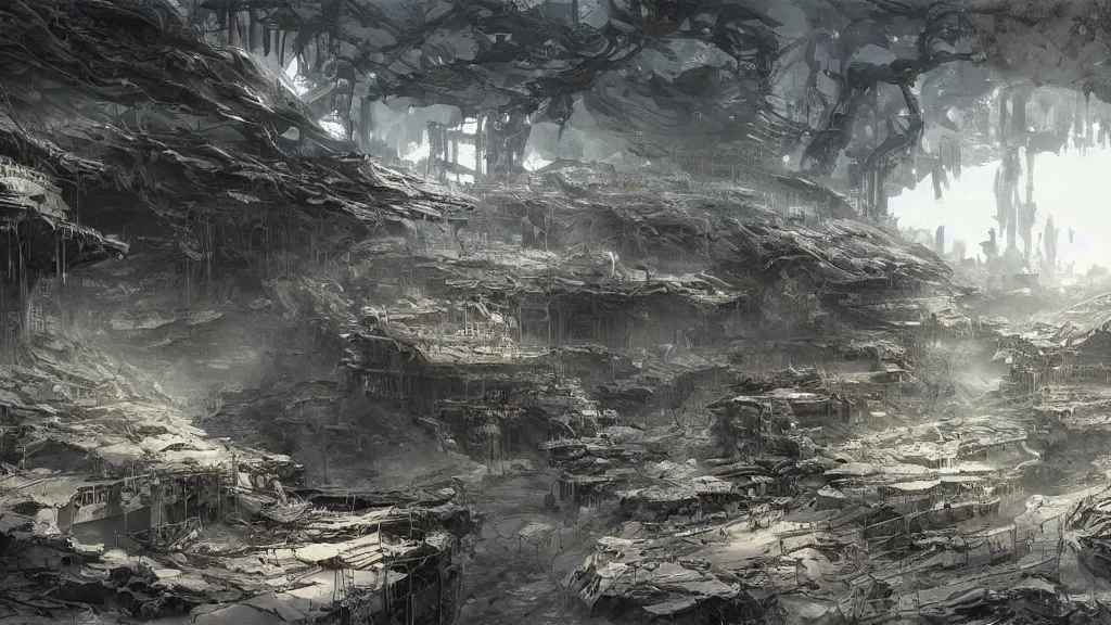 Image similar to post - apocalyspe settlement with houses, hydroponic farms, cave entrance, at dawn, painted by tsutomu nihei, painted by artgerm and greg rutkowski