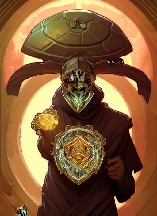 Image similar to digital character concept art by artgerm and greg rutkowski and alphonse mucha. clear portrait of an anthropomorphic tortoise cleric with glowing arcane runes painted on his shell, holding a pentagram shield, gritty coloring, intricate, elegant, digital painting, artstation, smooth, sharp focus