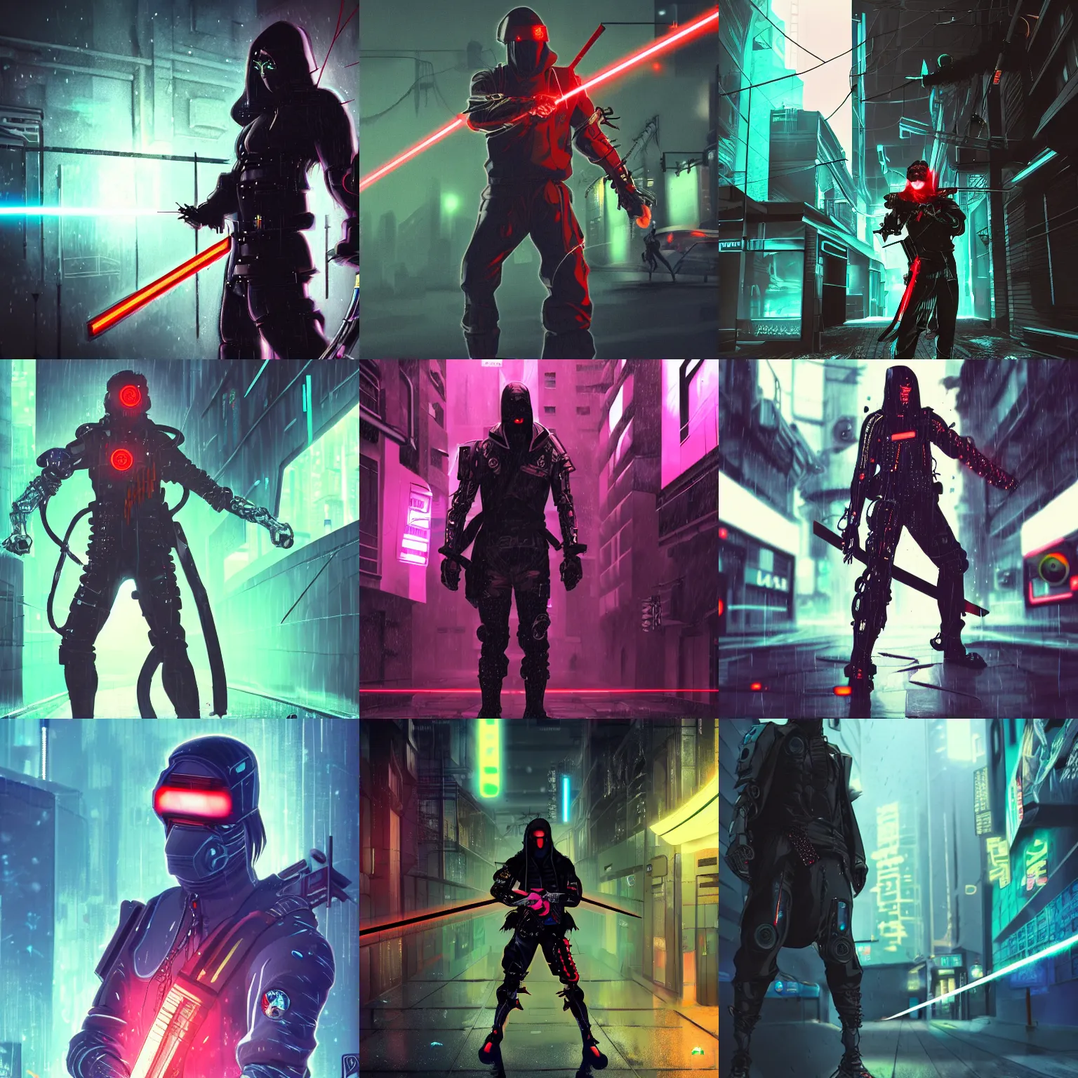 Prompt: a cyberpunk cyborg killer ninja with a laser katana, hero pose, threatening, dark neon alley in the background, rain is falling, digital artwork trending on artstation, 4 k