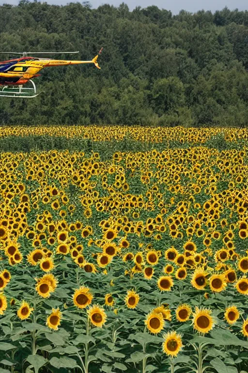 Image similar to Helicopter landing in a sunflower field, five people waiting on the land in suits