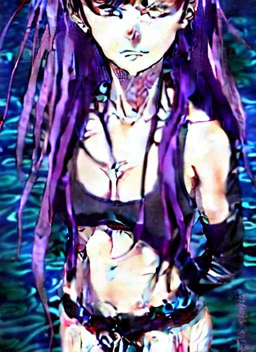 Prompt: style of madhouse studio anime, rei hiroe black lagoon manga, loish, artgerm, joshua middleton comic art, portrait of revy from black lagoon, purple hair, symmetrical eyes and symmetrical face, jean shorts, white tank top, waist up, sarcastic evil smirk on face, natural lighting, sky and ocean background