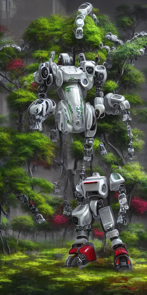 Image similar to japanese style, mech robot palace, hyper realistic, lush plants, painted by karl kopinski, 8 k, denoised artstation trending