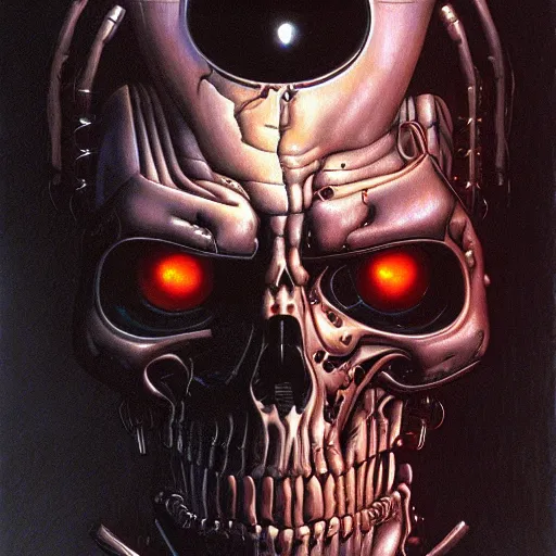 Image similar to The Terminator (1984) by Gerald Brom, glowing eyes